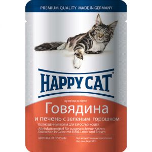 КОРМ ДЛЯ КОШЕК ХЭППИ КЭТ ГОВЯДИНА+ПЕЧЕНЬ+ГОРОШЕК, КОНС