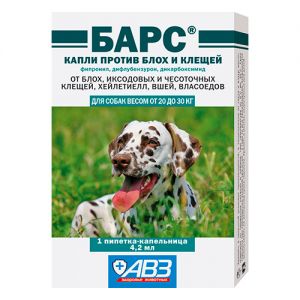АВЗ/БАРС КАПЛИ ОТ БЛОХ И КЛЕЩЕЙ ДЛЯ СОБАК ОТ 20 ДО 30КГ, 1 ДОЗА - 4,2МЛ