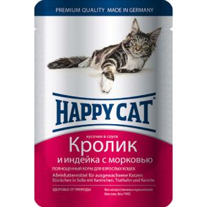 КОРМ ДЛЯ КОШЕК ХЭППИ КЭТ КРОЛИК+ИНДЕЙКА+КУСОЧКИ В СОУСЕ, КОНС